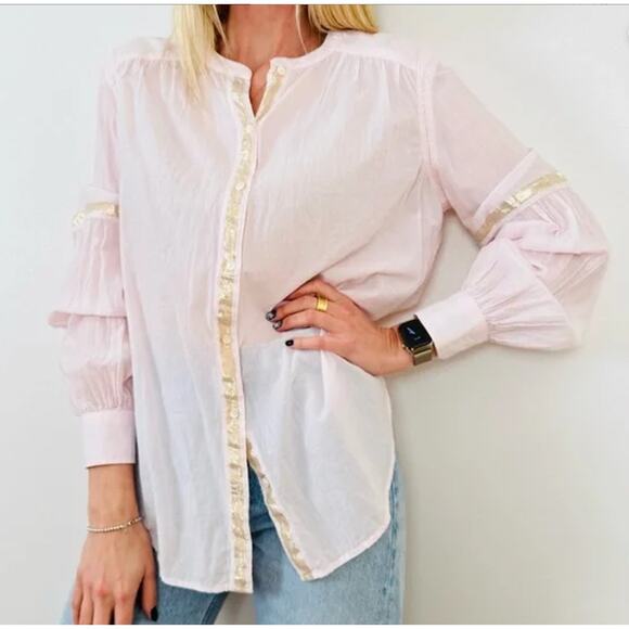 Free People Pink Shimmers And Stripe Slouchy Button Up Shirt Women's Size M -GUC - Picture 1 of 14